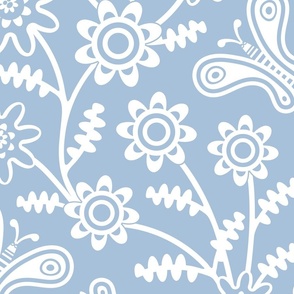 Butterfly Dreaming Ditsy Floral Botanical in Cottage Blue and White - Petal Solids Coordinates Calm - Sky Blue plus White - LARGE Scale - UnBlink Studio by Jackie Tahara