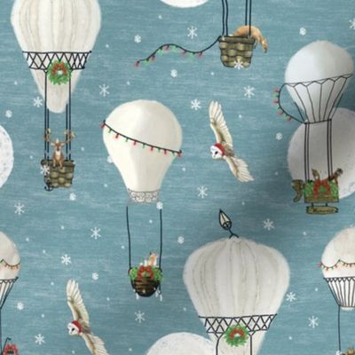 Small Christmas woodland animals in hot air balloons, small scale, winter snow, kids christmas, minky blanket, snow flakes, winter, winter holiday, christmas owl,  christmas hot air balloon