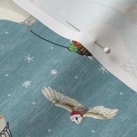Small Christmas woodland animals in hot air balloons, small scale, winter snow, kids christmas, minky blanket, snow flakes, winter, winter holiday, christmas owl,  christmas hot air balloon
