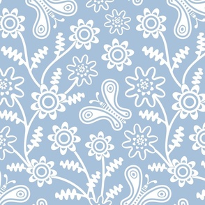 Butterfly Dreaming Ditsy Floral Botanical in Cottage Blue and White - Petal Solids Coordinates Calm - Sky Blue plus White -MEDIUM Scale - UnBlink Studio by Jackie Tahara