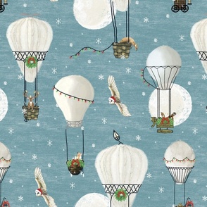 Christmas woodland animals in hot air balloons in white and blue, winter snow, kids christmas, minky blanket, snow flakes, winter, winter holiday, christmas owl,  christmas hot air balloon