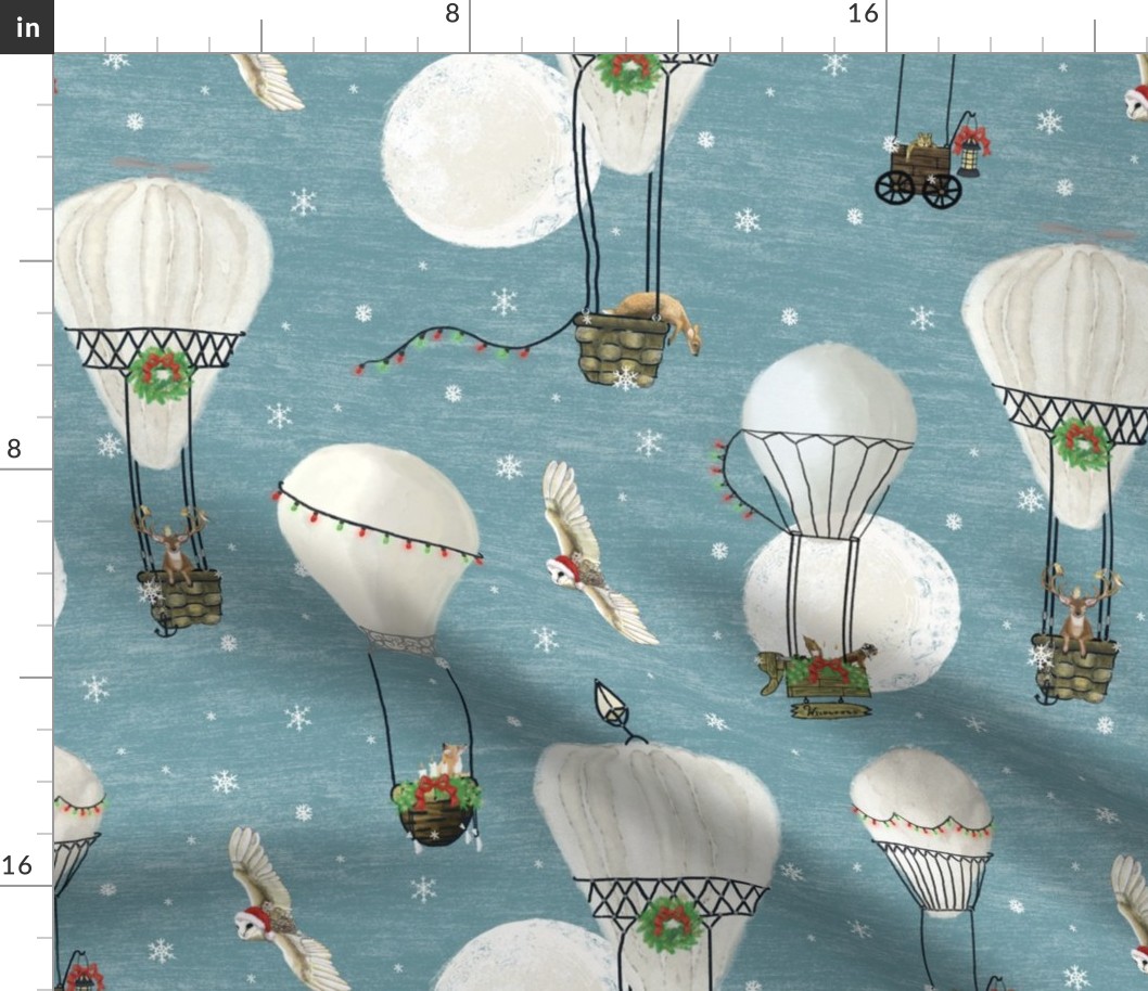 Christmas woodland animals in hot air balloons in white and blue, winter snow, kids christmas, minky blanket, snow flakes, winter, winter holiday, christmas owl,  christmas hot air balloon