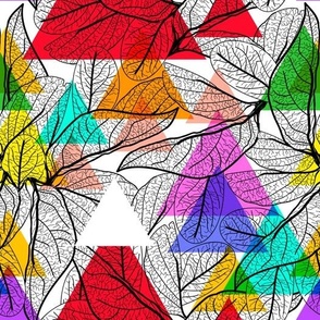  Leaves black contours, Rainbow magenta pink orange blue lilac purple green modern trendy floral pattern, hand-drawn. Geometric abstract  fabric. Vector illustration