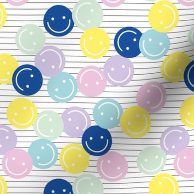 Nineties revival colorful retro smileys design fun icon design in pastel lilac pink mint on white with black lines