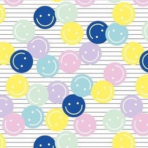 Nineties revival colorful retro smileys design fun icon design in pastel lilac pink mint on white with black lines