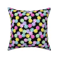 Nineties revival colorful retro smileys design fun icon design in lilac pink mint on black with lines neon