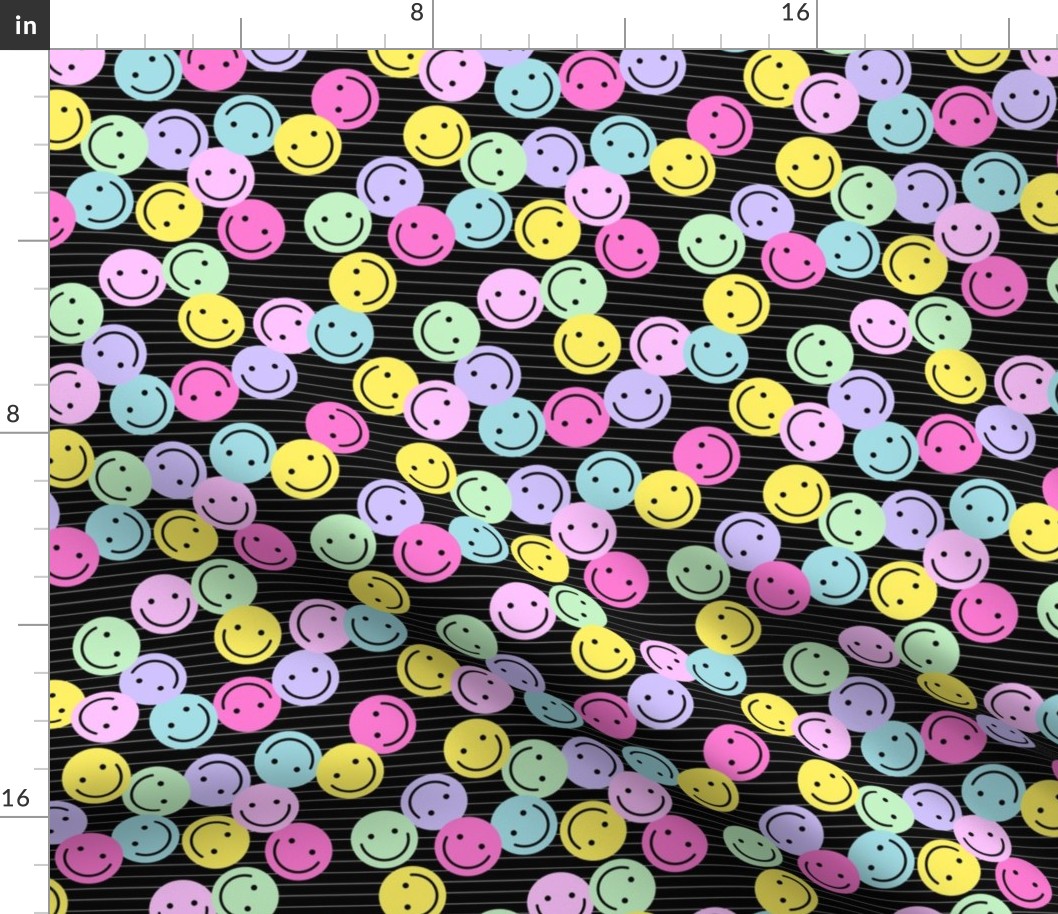 Nineties revival colorful retro smileys design fun icon design in lilac pink mint on black with lines neon