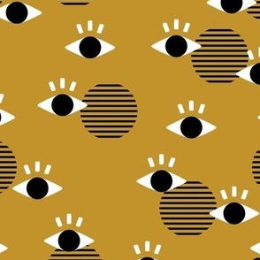 Nineties revival flirt geometric eyes and eye lashes and stripes on black and white on mustard yellow