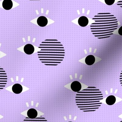 Nineties revival flirt geometric eyes and eye lashes and stripes on black and white on neon lilac purple