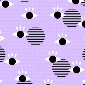 Nineties revival flirt geometric eyes and eye lashes and stripes on black and white on neon lilac purple