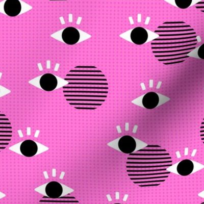 Nineties revival flirt geometric eyes and eye lashes and stripes on black and white on neon pink