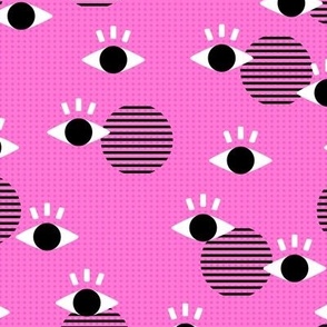 Nineties revival flirt geometric eyes and eye lashes and stripes on black and white on neon pink