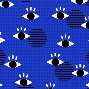 Nineties revival flirt geometric eyes and eye lashes and stripes on black and white on neon eclectic blue