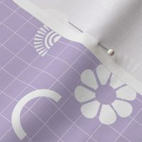 Nineties revival smiley sunshine and leaves retro icons teen design white on neon lilac purple