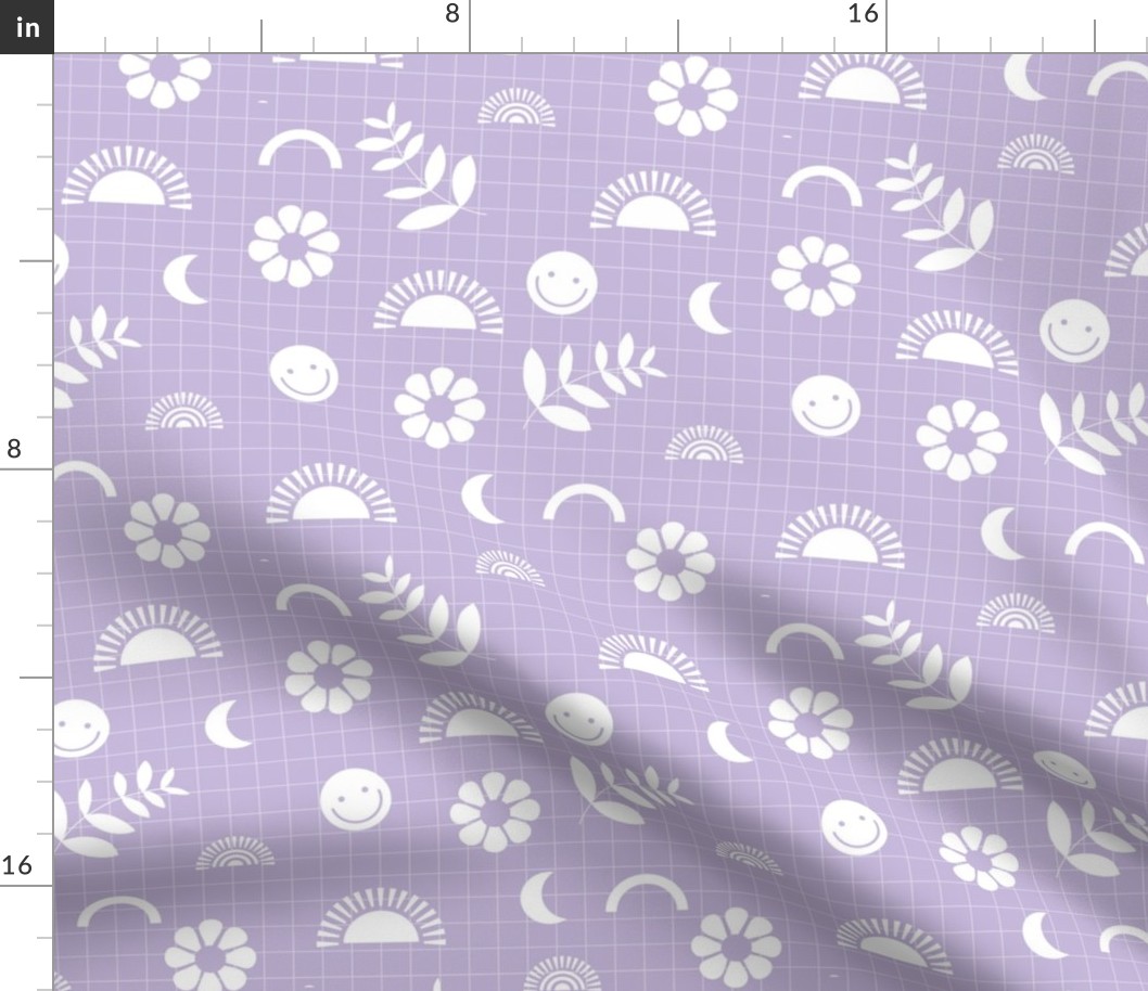 Nineties revival smiley sunshine and leaves retro icons teen design white on neon lilac purple