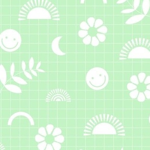 Nineties revival smiley sunshine and leaves retro icons teen design white on neon mint green