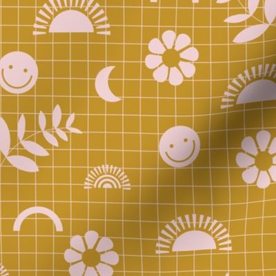 Nineties revival smiley sunshine and leaves retro icons teen design pink on mustard yellow 