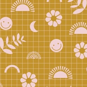 Nineties revival smiley sunshine and leaves retro icons teen design pink on mustard yellow 