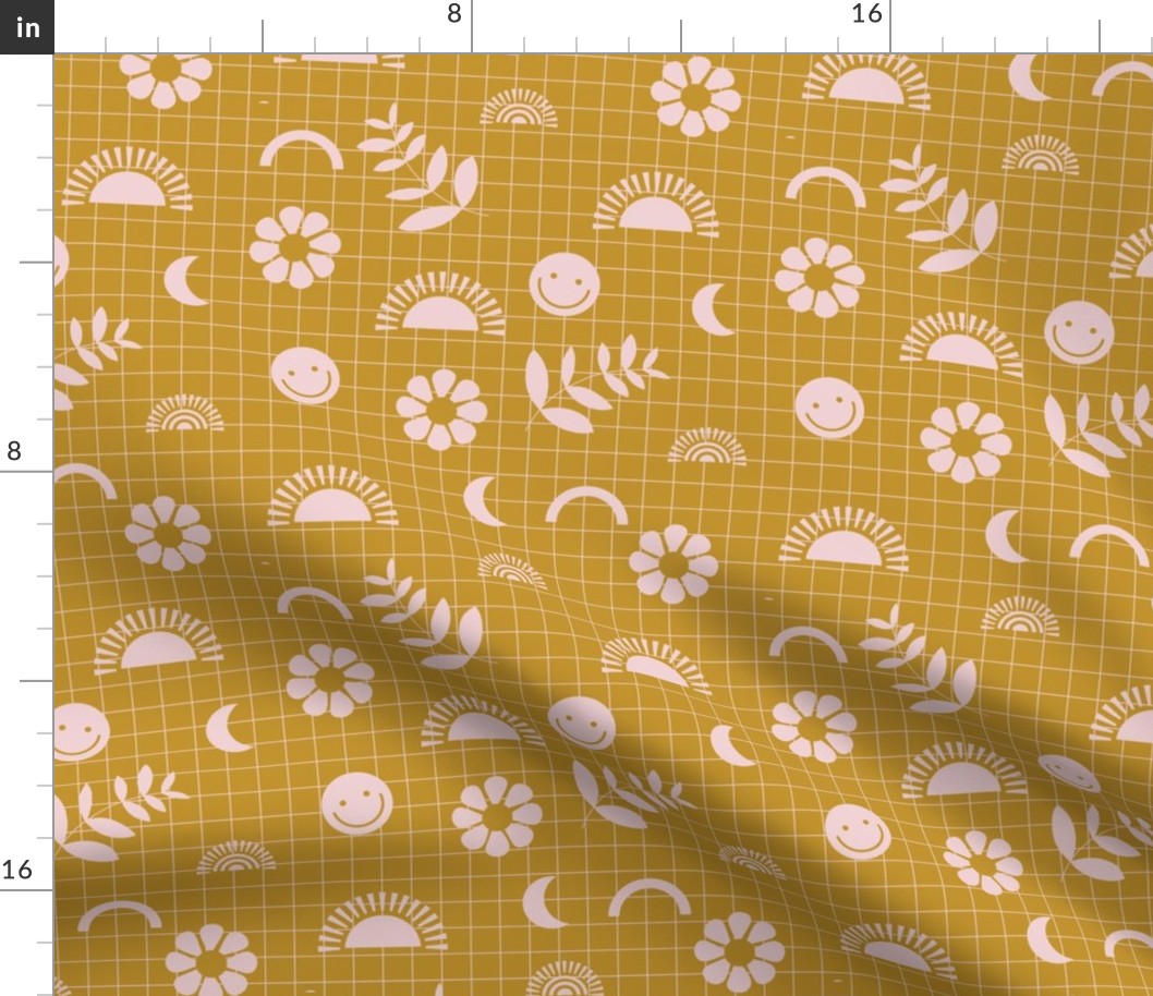 Nineties revival smiley sunshine and leaves retro icons teen design pink on mustard yellow 