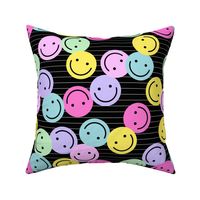 Nineties revival colorful retro smileys design fun icon design in lilac pink mint on black with lines neon LARGE