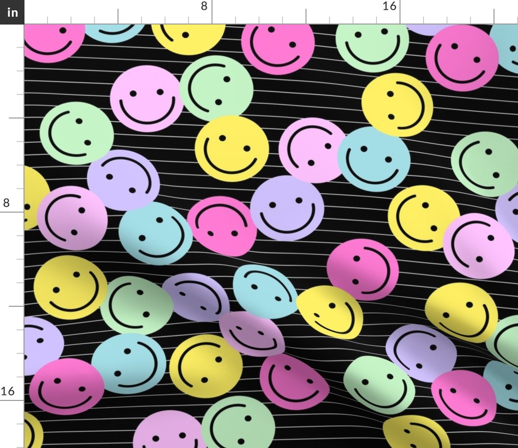 Nineties revival colorful retro smileys design fun icon design in lilac pink mint on black with lines neon LARGE