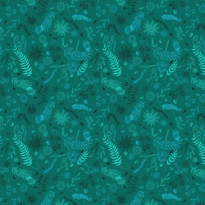 Turquoise and green floral texture fabric on Emerald. Medium 7 inches