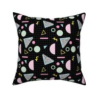 Nineties revival geometric triangles circles and stripes and spots pink blue yellow pastel on black grid pattern