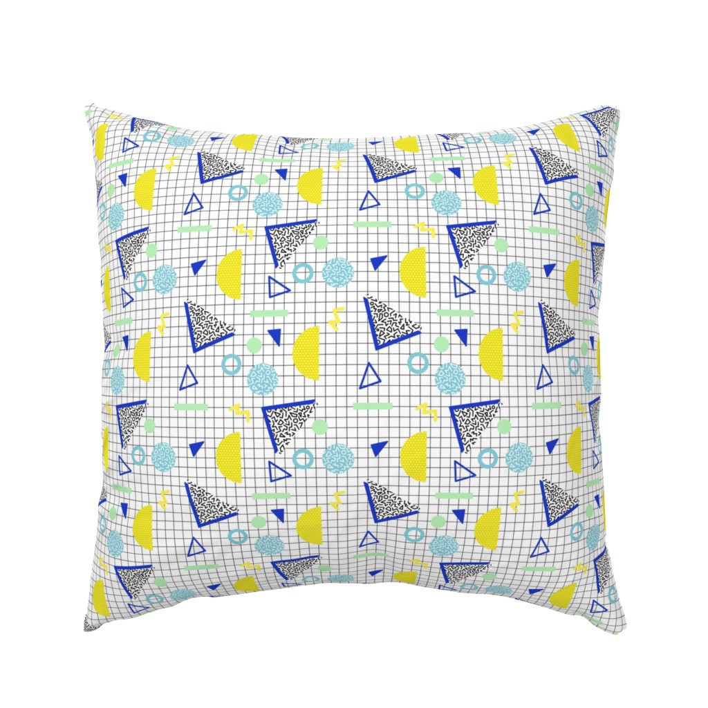 Nineties revival geometric triangles circles and stripes and spots pink blue yellow mint neon on white grid pattern