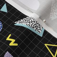Nineties revival geometric triangles circles and stripes and spots lilac blue yellow mint neon on black grid pattern