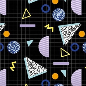 Nineties revival geometric triangles circles and stripes and spots lilac blue yellow mint neon on black grid pattern
