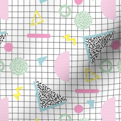 Nineties revival geometric triangles circles and stripes and spots pink blue yellow mint pastel on white grid pattern
