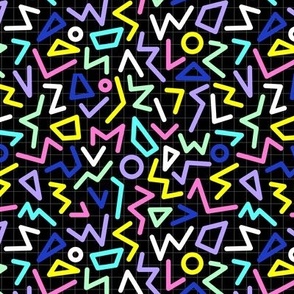 Nineties revival colorful retro geometric shapes and lines zigzag stripes and triangles neon eclectic blue pink mint