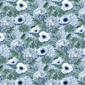 Anemones and 'Mums in Green, Blue and White - medium