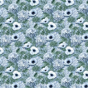 Anemones and 'Mums in Green, Blue and White - small