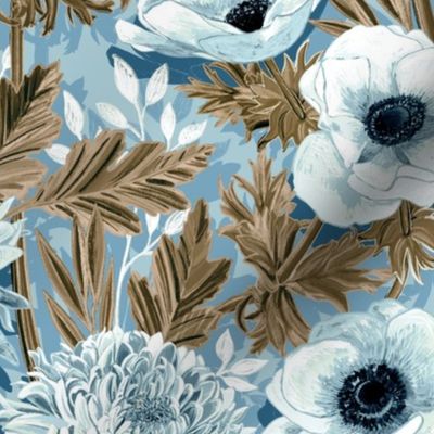 Anemones and 'Mums in Ice Blue and Brown - large