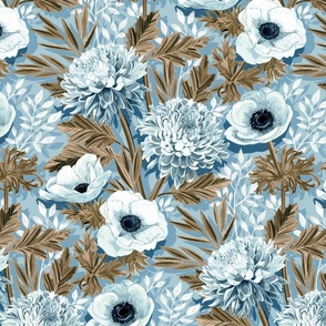 Anemones and 'Mums in Ice Blue and Brown - large