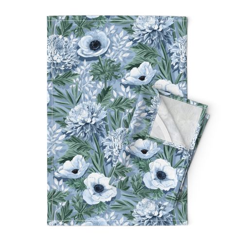 Anemones and 'Mums in Green, Blue and White - large