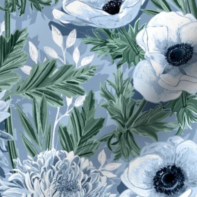 Anemones and 'Mums in Green, Blue and White - large