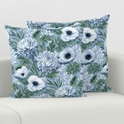 Anemones and 'Mums in Green, Blue and White - large