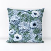 Anemones and 'Mums in Green, Blue and White - large