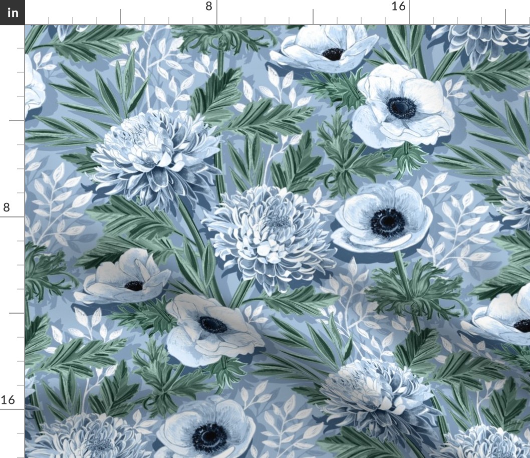 Anemones and 'Mums in Green, Blue and White - large