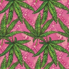 Batik Green Cannabis Leaves on Textured Hot Pink 