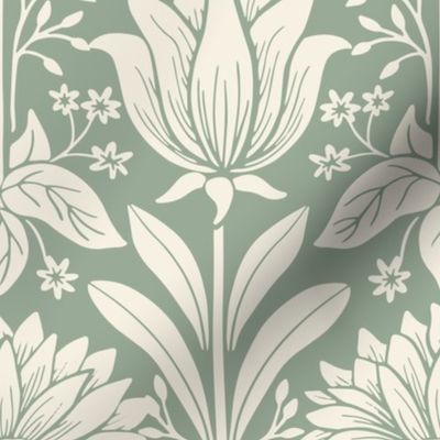 Tulip Damask - Large - Cream, Dusty Sage