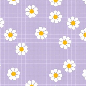 Nineties vibes retro daisies on geometric grid sweet blossom white orange on lilac purple 