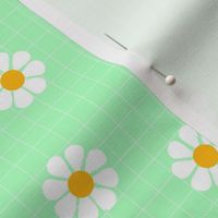 Nineties vibes retro daisies on geometric grid sweet blossom white orange on mint green