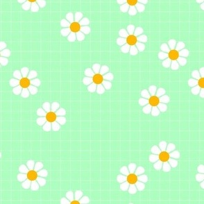 Nineties vibes retro daisies on geometric grid sweet blossom white orange on mint green