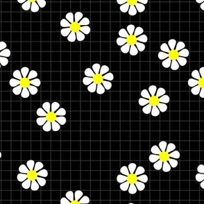 Nineties vibes retro daisies on geometric grid sweet blossom white yellow on black