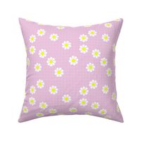 Nineties vibes retro daisies on geometric grid sweet blossom white yellow on pink