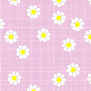 Nineties vibes retro daisies on geometric grid sweet blossom white yellow on pink