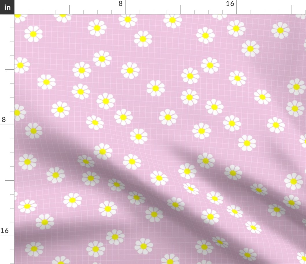 Nineties vibes retro daisies on geometric grid sweet blossom white yellow on pink